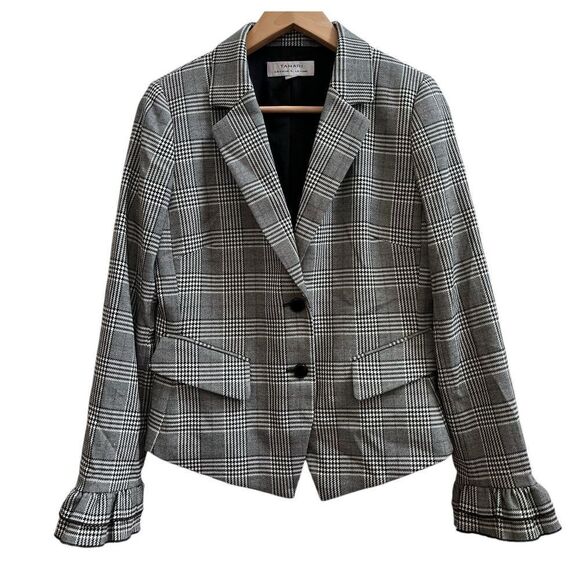 Tahari Arthur S Levine Flaw Glen Chek Pattern Ruffle Cuff Button Blazer Size 6 - Picture 2 of 12